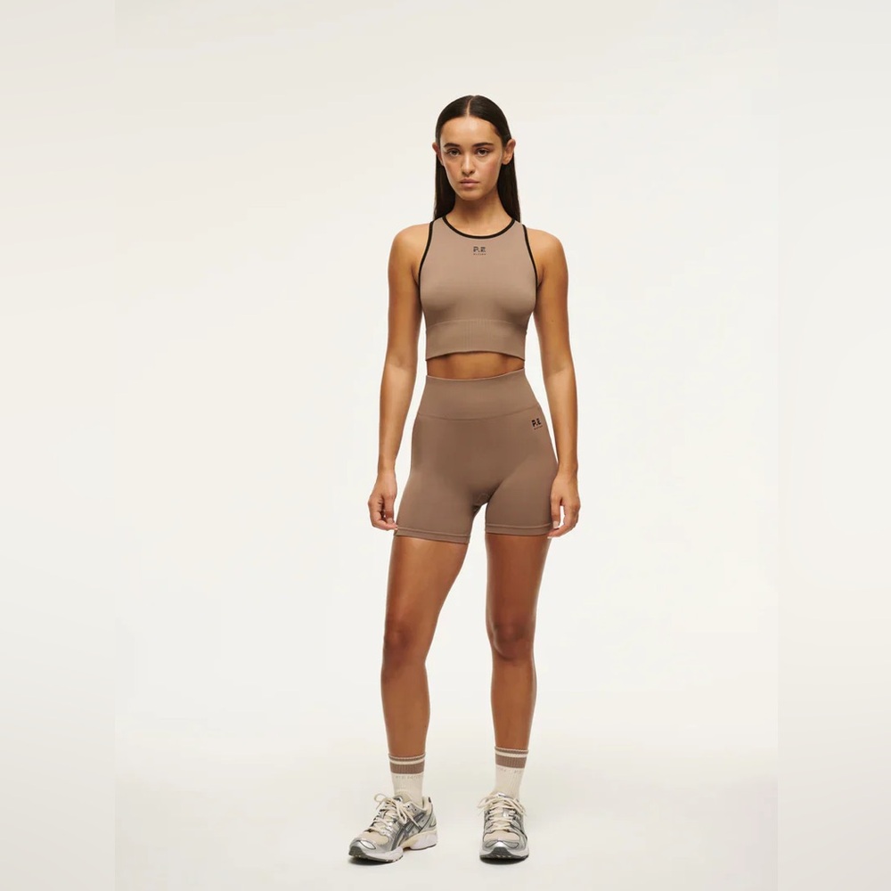 P.E Nation Seamless Leggings, shorts, and top in Fossil